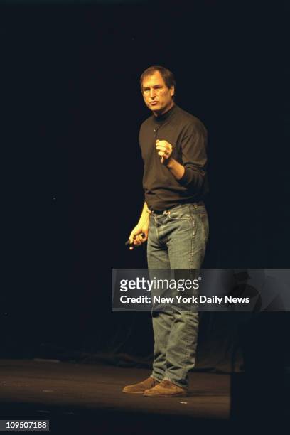 American businessman and engineer, co-founder of Apple Inc Steve Jobs delivers an address as the keynote speaker at the Seybold Seminars, Javits...
