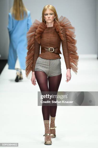 Model walks the runway at the Danny Reinke show during the Berlin Fashion Week Autumn/Winter 2019 at ewerk on January 16, 2019 in Berlin, Germany.