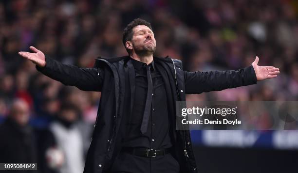 Diego Simeone, Manager of Club Atletico de Madrid looks dejected during the Copa del Rey Round of 16 match between Atletico Madrid and Girona at...