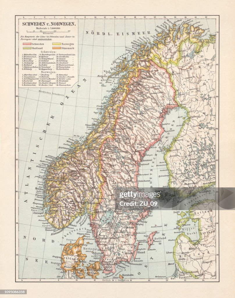 Typographic map of Sweden and Norway, lithograph, published in 1897