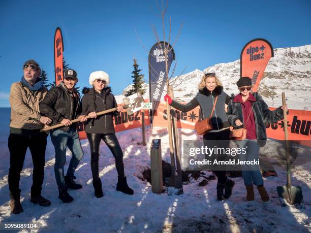 Alexandra Lamy, Rayane Bensetti, Eric Elmosnino, Rossy de Palma and Anne Marivin plant a tree during the 22nd L'Alpe D'Huez International Comedy Film...