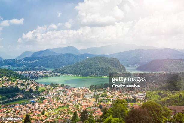 panoramic view over ponte tresa with lake lugano - lugano switzerland stock pictures, royalty-free photos & images