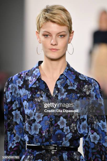 Model walks the runway for the Elie Tahari fashion show during New York Fashion Week: The Shows at Gallery II at Spring Studios on February 7, 2019...