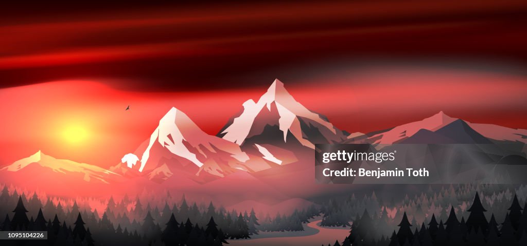 Mountains landscape sunset with pine forest near a lake
