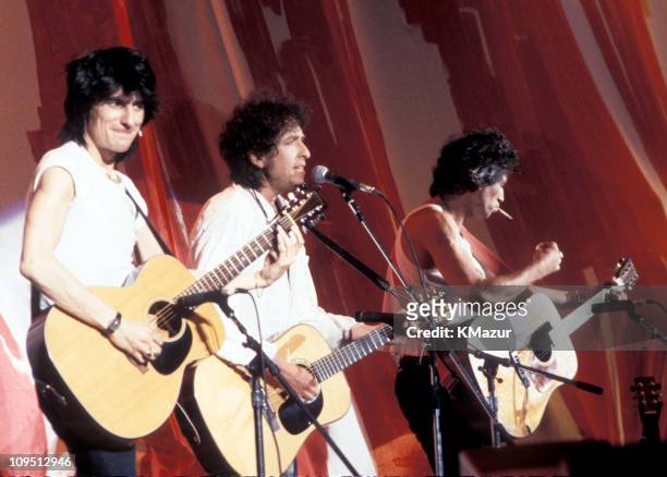 Ron Wood, Bob Dylan and Keith Richards during Live Aid Concert - July 13, 1985 at JFK Stadium in Philadelphia, Pennsylvania, United States.