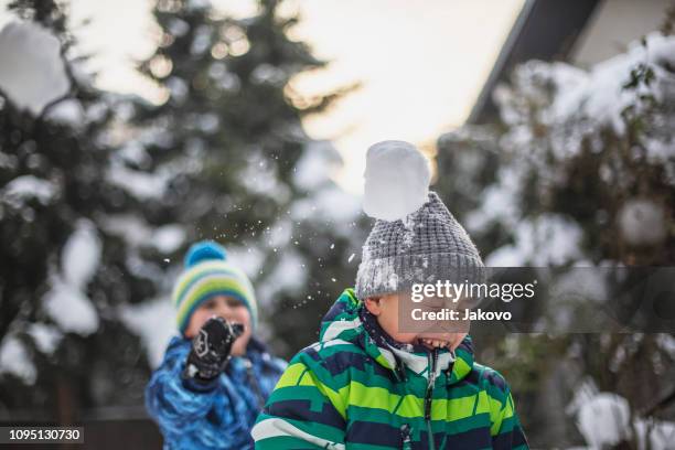 winter fun in a backyard - bola de neve imagens e fotografias de stock