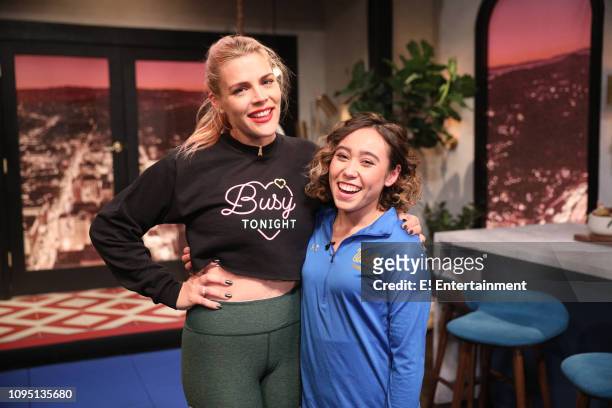 Episode 1051 -- Pictured: Host Busy Philipps and guest Katelyn Ohashi on the set of Busy Tonight --