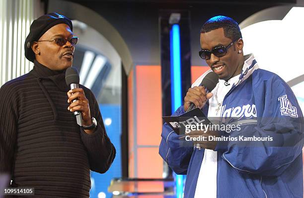 Samuel L. Jackson and Sean "P. Diddy" Combs during Sean "P. Diddy" Combs Hosts MTV's "TRL" - October 18, 2002 at MTV Studios - Times Square in New...