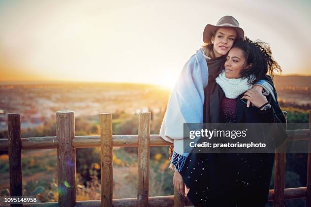 girlfriends are hugging at the front of beautiful city view - images of lesbians kissing stock pictures, royalty-free photos & images