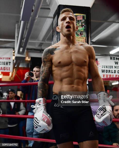 Dillashaw reacts after practicing during open workouts at Gleason's Gym on January 16, 2019 in the Brooklyn borough of New York City.