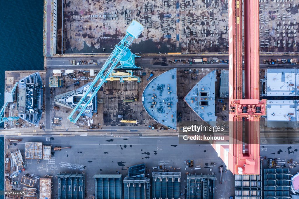 A ship is being built at the shipyard