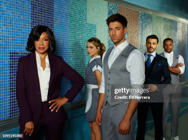 Walt Disney Television via Getty Images's "Grand Hotel" stars Wendy Raquel Robinson as Mrs. P, Anne Winters as Ingrid, Lincoln Younes as Danny,...