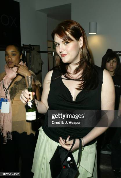 Sara Rue with Moet White Star Champagne during Mercedes-Benz Fall 2004 Fashion Week at Smashbox Studios - Custo Barcelona - Backstage Hosted by Moet...
