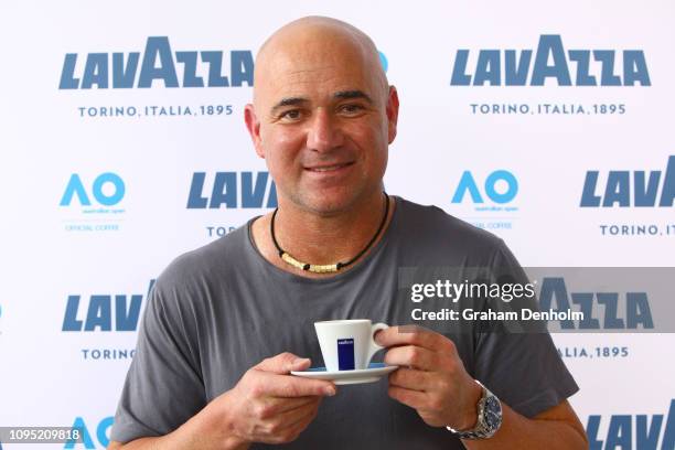 Andre Agassi poses at the Lavazza Cafe at Grand Slam Oval during day four of the 2019 Australian Open at Melbourne Park on January 17, 2019 in...