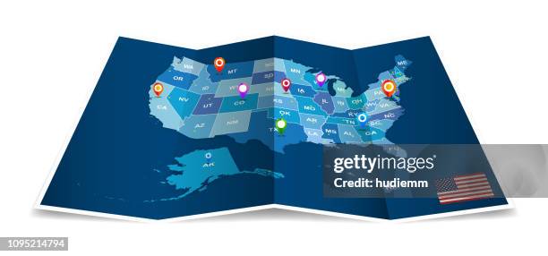vector folded american map with administrative district isolated - red push pins stock illustrations