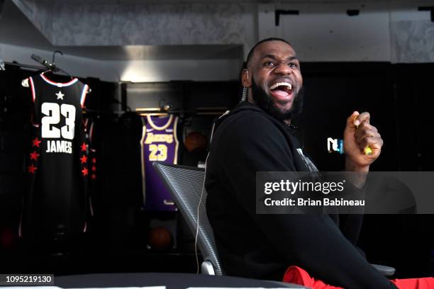 LeBron James of the Los Angeles Lakers reacts during the 2019 All-Star Draft on February 7, 2019 at TD Garden in Boston, Massachusetts. NOTE TO USER:...