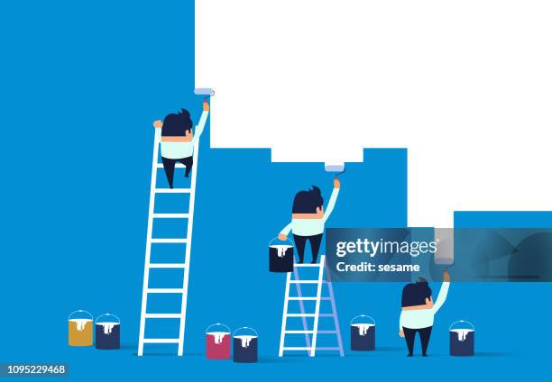 three businessmen paint wall with paint brush - man brushing stock illustrations