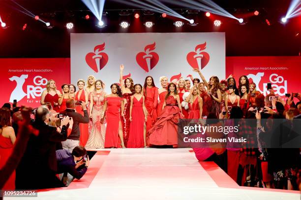 Models walk the runway for The American Heart Association's Go Red For Women Red Dress Collection 2019 Presented By Macy's at Hammerstein Ballroom on...