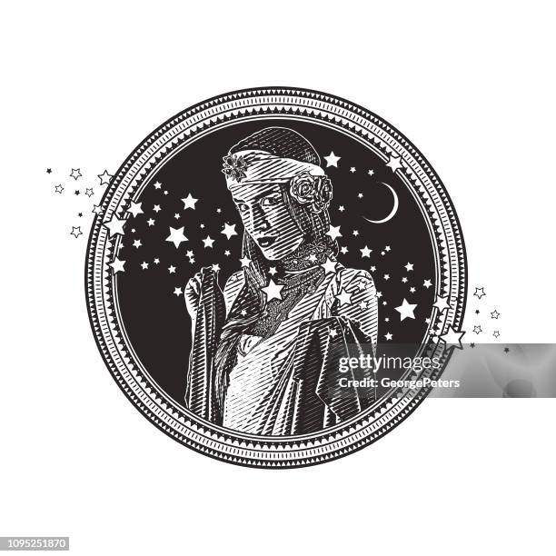earth goddess with stars and moon circle frame - moon goddess stock illustrations