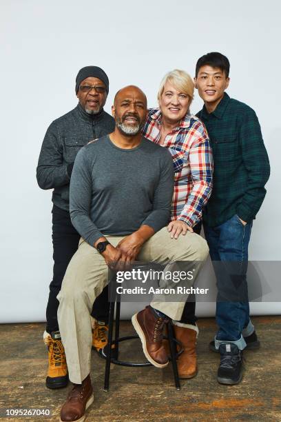 Bobby Allen, John Crane, Jill Lamantia and Wong He from 'American Factory' pose for a portrait in the Pizza Hut Lounge in Park City, Utah on January...