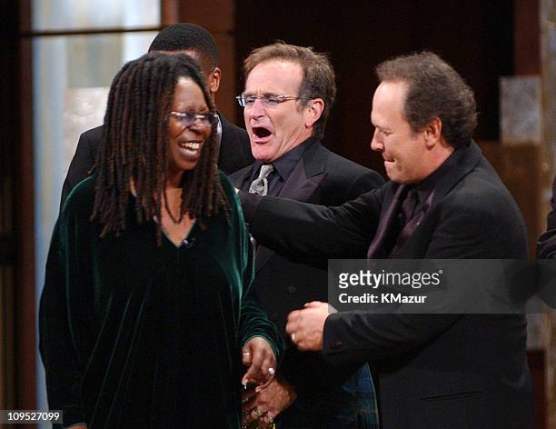 Whoopi Goldberg, Robin Williams, and Billy Crystal photographed during finale; "On Stage at the Kennedy Center: The Mark Twain Prize" will air...