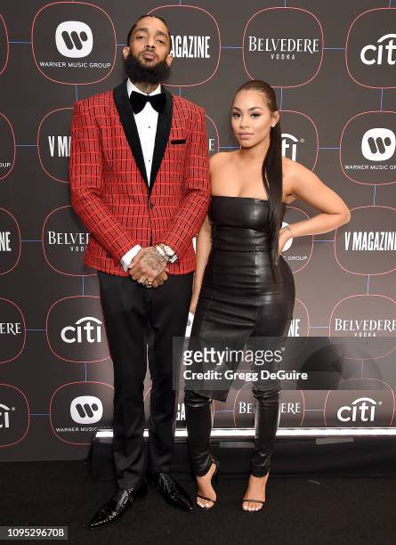 Nipsey Hussle and Lauren London arrive at the Warner Music Group Pre-Grammy Celebration at Nomad Hotel Los Angeles on February 7, 2019 in Los...