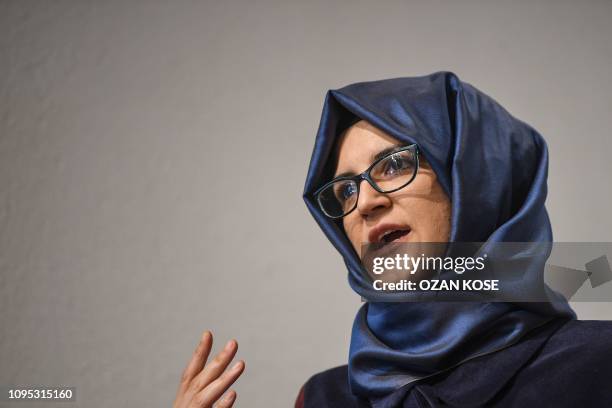 Hatice Cengiz, fiancee of Jamal Khashoggi gestures as she speaks to medias on February 8, 2019 during a presentation press conference of her book...