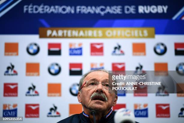 French national rugby union team coach Jacques Brunel holds a press conference to announce the team's composition on February 8, 2019 in Marcoussis,...