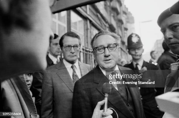 American elder statesman, political scientist, diplomat, and geopolitical consultant Henry Kissinger interviewed by the press while in London, UK,...