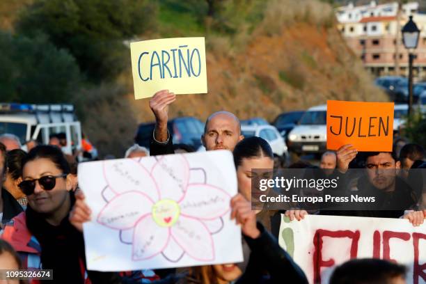 Neighbors gather to show their support for the family of toddler Julen Rosello, who fell down a well last Sunday, on January 17, 2019 in Málaga,...