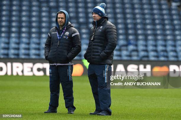 Scotland's Australian assistant head coach Matt Taylor and Scotland's forwards coach Danny Wilson attend the captain's run training session at...