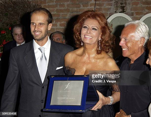 Edoardo Ponti, Sophia Loren and Giorgio Armani during 2002 Venice Film Festival - Sophia Loren Receives the the "Premio Bianchi" Award at Excelsior...