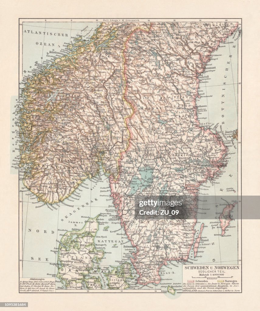 Mapa de Dinamarca, el sur de Noruega y el sur de Suecia, litografía, 1897