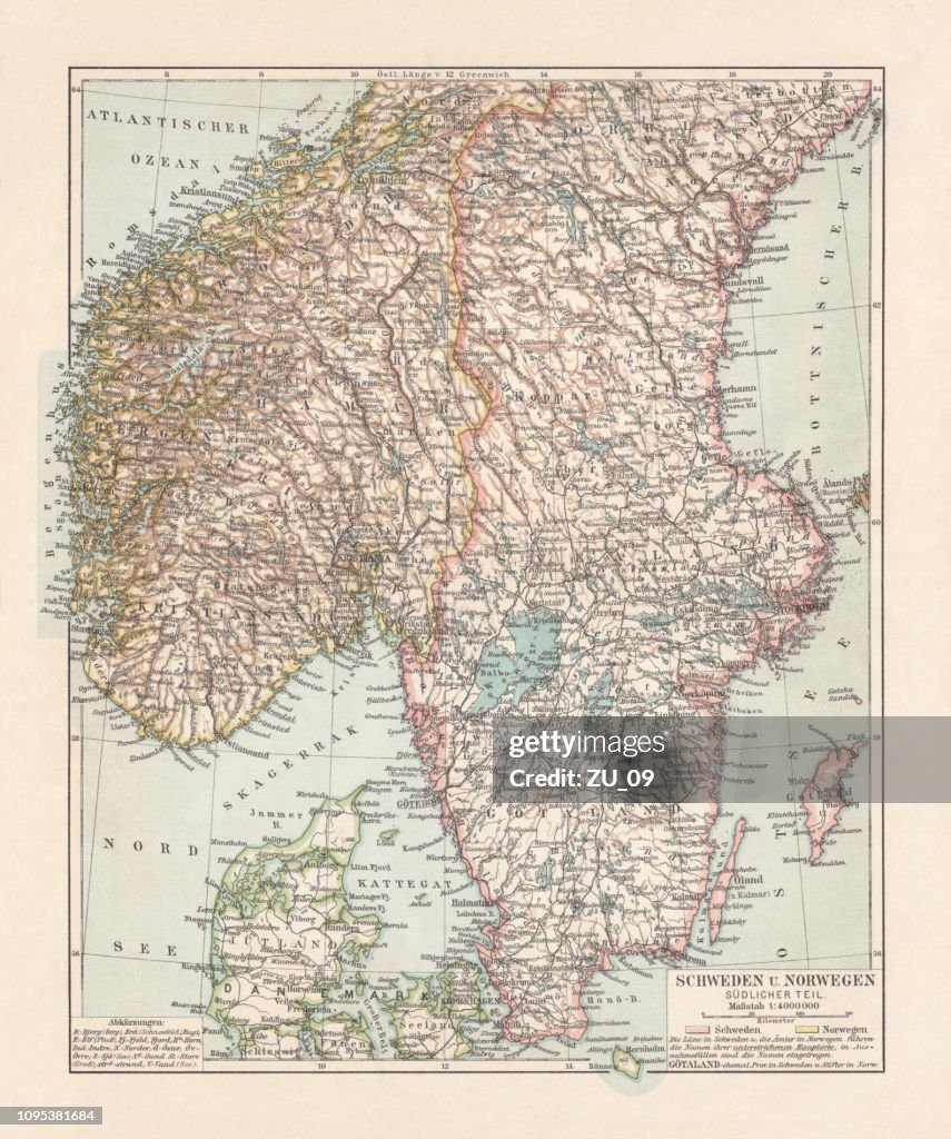 Map of Denmark, Southern Norway and Southern Sweden, lithograph, 1897