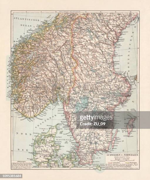 map of denmark, southern norway and southern sweden, lithograph, 1897 - västra götaland county stock illustrations