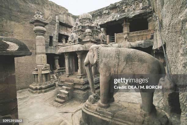 Elephant statue in the courtyard of cave No 32, Indra Sabha temple, Ellora caves , Maharashtra, India, 9th-10th century.