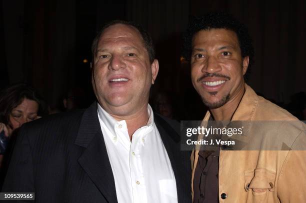 Harvey Weinstein and Lionel Richie during 2003 Cannes Film Festival - Roberto Cavalli Fashion Show - Dinner at Palm Beach in Cannes, France.