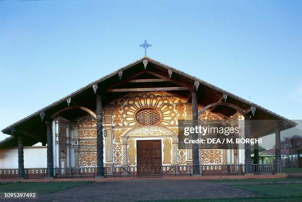 Facade of Jesuit Mission church of Concepcion, Jesuit Missions of Chiquitos Santa Cruz , Santa Cruz, Bolivia.