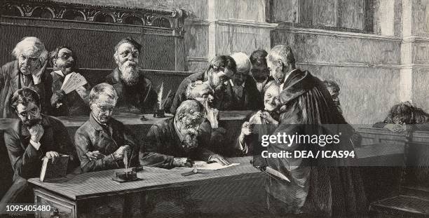 Jurors, engraving by F Cantagalli from a painting by Giuseppe Bottero , from L'Illustrazione Italiana, year 18, no 20, May 17, 1891.