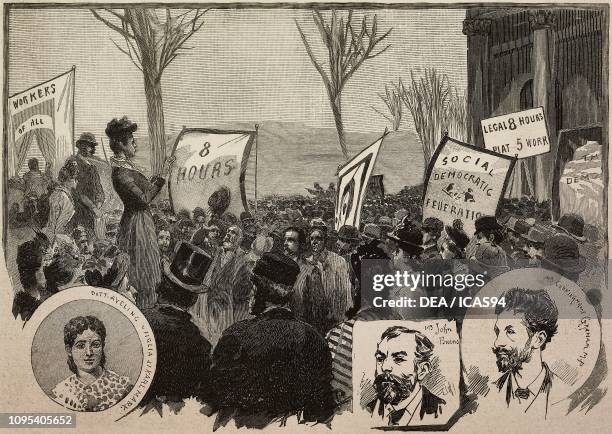 Eleanor Marx, John Burns and Robert Bontine Cunninghame Graham, organisers of Labour Day, May 4 London, United Kingdom, engraving from a drawing by...