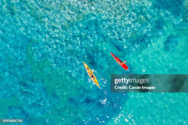 drone shot of couple kayaking in sea - kayaking aerial stock pictures, royalty-free photos & images