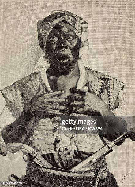 Arab man with a gun and knife in his belt praying, engraving by B Console from a watercolour by Giuseppe Signorini, from L'Illustrazione Italiana, No...