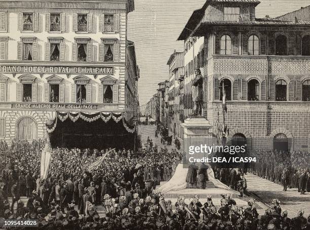 Unveiling the monument to Daniele Manin , Florence, Italy, engraving by Ernesto Mancastropa from a photograph by Schemboche, from L'Illustrazione...