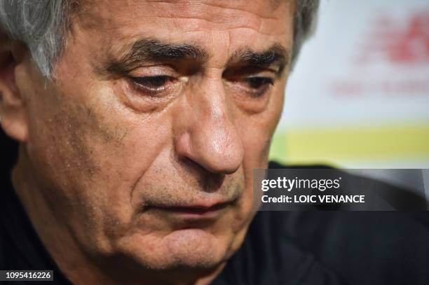 Nantes' football club Bosnian head coach Vahid Halilhodzic reacts as he gives a press conference at the training centre of La Joneliere in La...