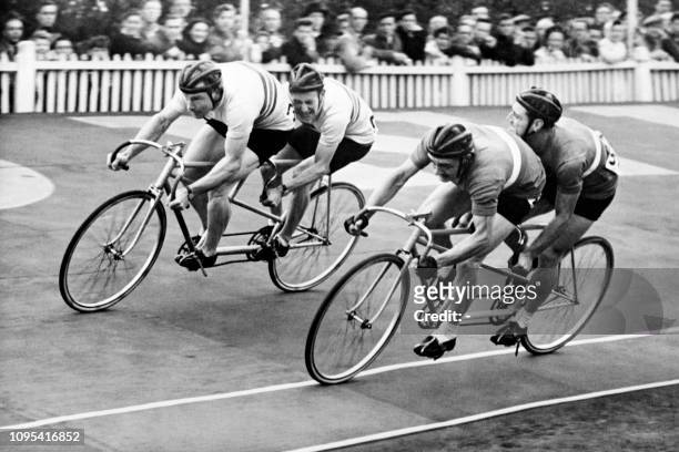 Picture taken on August 12, 1948 of the men's 2000m tandem semi final cycling event won by British Alan Bannister and Reg Harris against French...