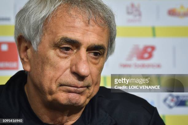 Nantes' football club Bosnian head coach Vahid Halilhodzic reacts as he gives a press conference at the training centre of La Joneliere in La...