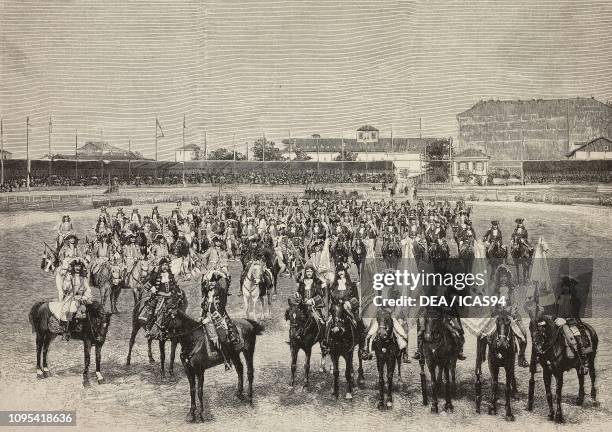 Lineup of participants in a tournament given for Royal Piedmont Regiment, Turin, Italy, engraving by E Mancastroppa from a photograph by Schemboche,...