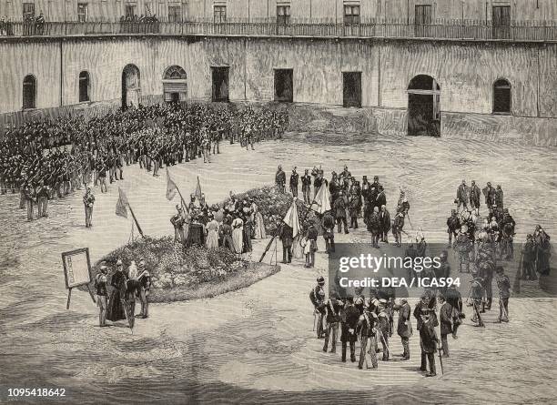 Display of gifts for celebrating Royal Piedmont Regiment, Turin, Italy, engraving from a photograph by Schemboche, from L'Illustrazione Italiana,...