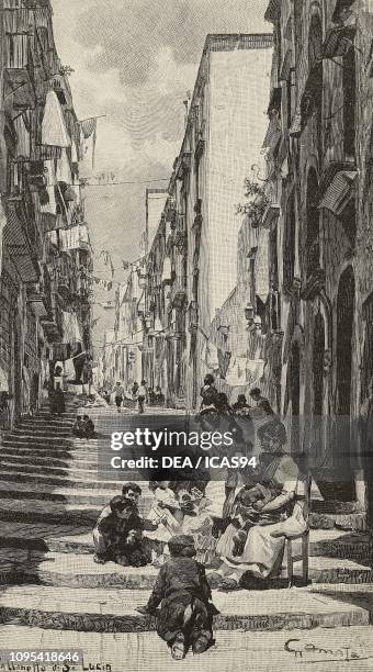 Street stairs in the neighborhood of Santa Lucia, Naples, Italy, engraving from a drawing by Gennaro Amato, from L'Illustrazione Italiana, year 19,...