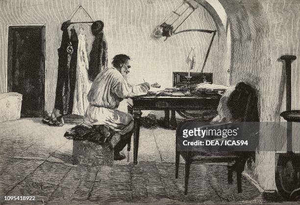 Lev Tolstoj , Russian writer, writing at his desk, engraving by Ernesto Mancastroppa from a painting by Repin, from L'Illustrazione Italiana, year...